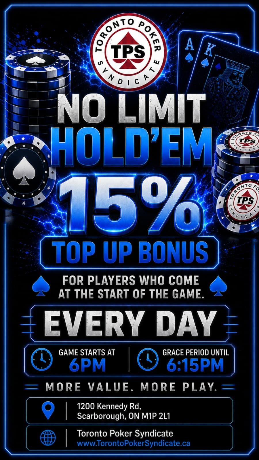 No Limit Hold'em 15% Top Up Bonus — every day, game starts at 6PM, grace period until 6:15PM