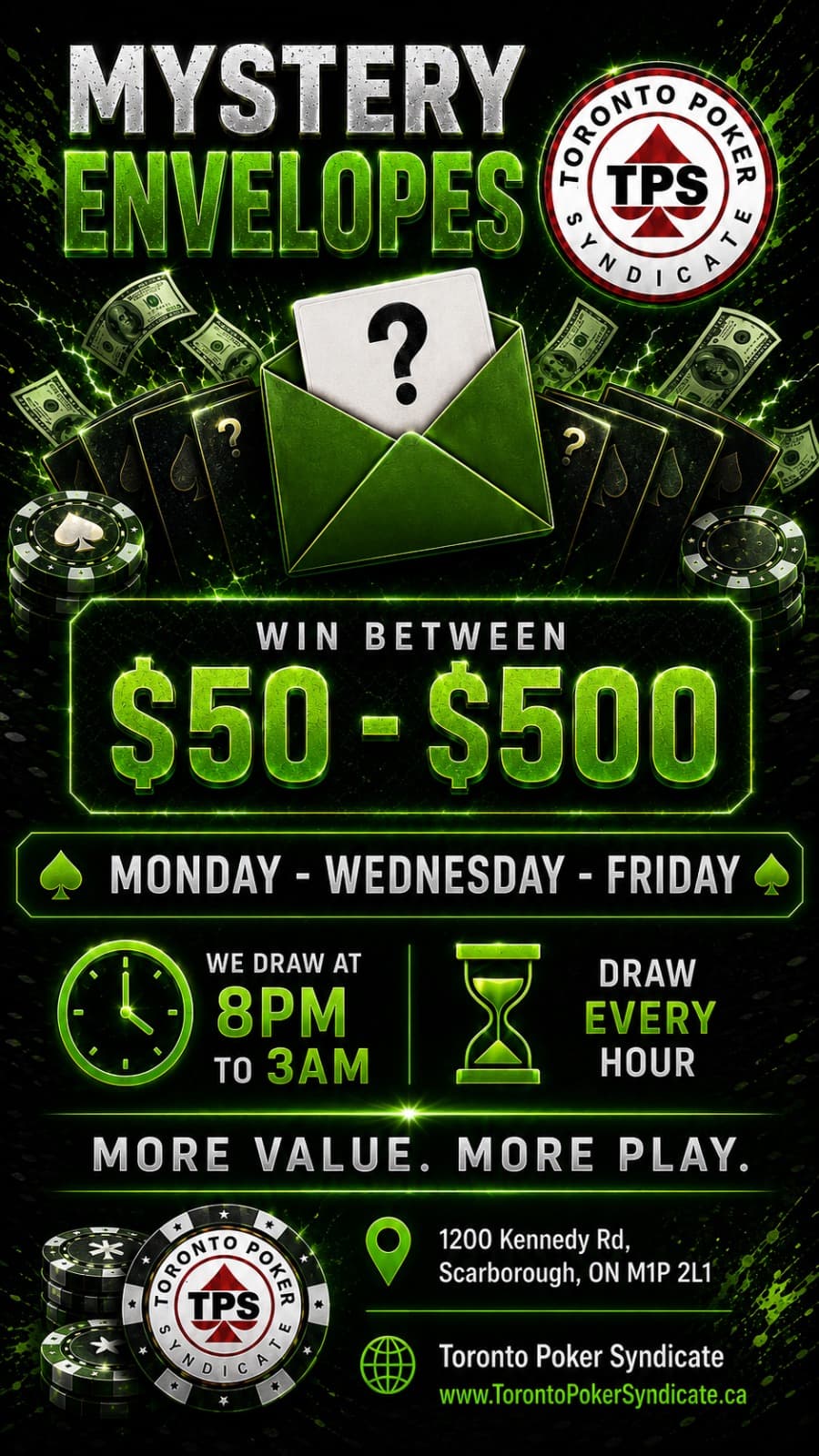 Mystery Envelopes — Monday, Wednesday, Friday. Win between $50 and $500, drawn every hour from 8PM to 3AM