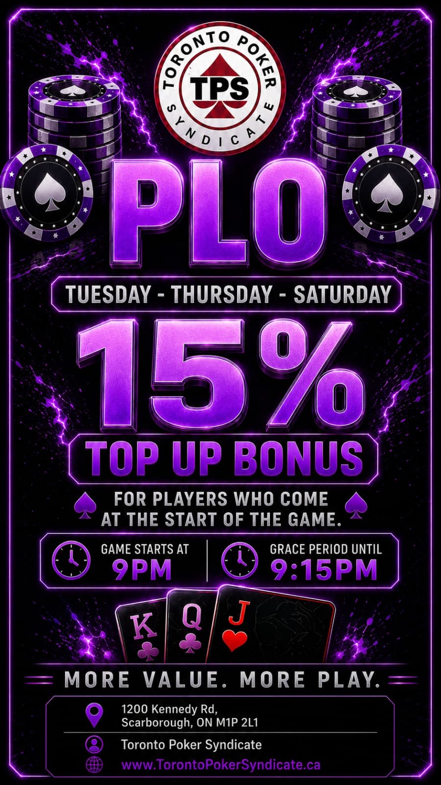 PLO 15% Top Up Bonus — Tuesday, Thursday, Saturday, game starts at 9PM, grace period until 9:15PM