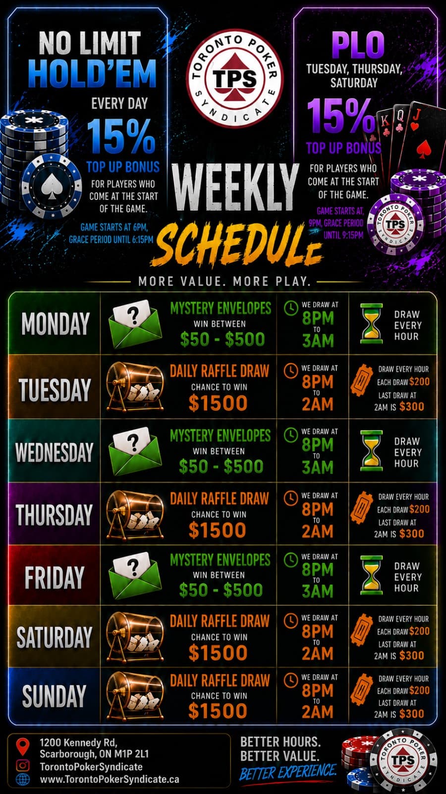 Weekly Schedule — every day's promotions and game start times